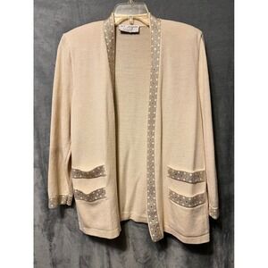 St John Evening Marie Gray Cardigan 10 Cream Rhinestone Studded Santana Knit